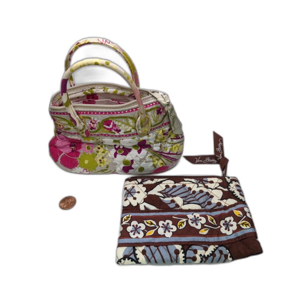 2 Vera Bradley Zippered Pouches Make Me Blush & Slate Blooms Coin Purse Bag READ